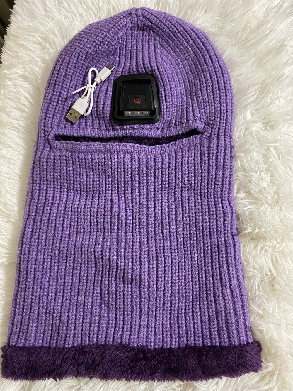 Knit Balaclava Face Mask with USB Rechargeable Light - Purple